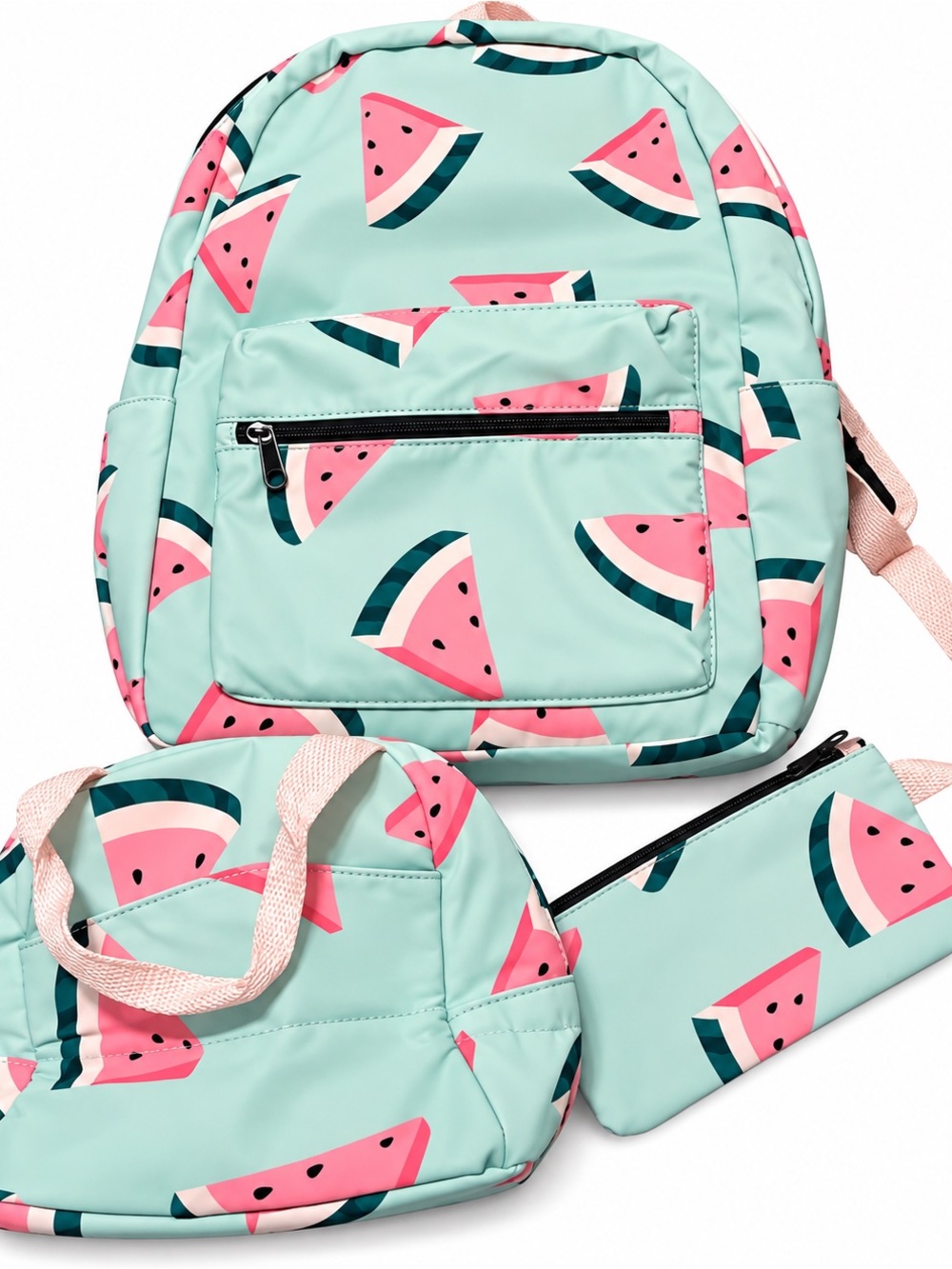 Watermelon Print 3 Piece Backpack Lunch Bag & Pencil Pouch Set Mint Pink